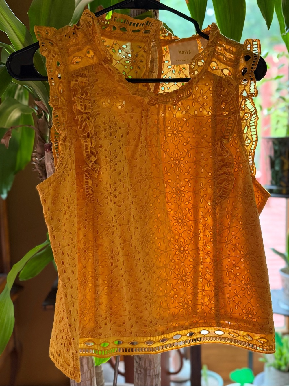 Maeve by Anthropologie Yellow/Golden Eyelet Ruffle Sleeve Top Blouse Tank small